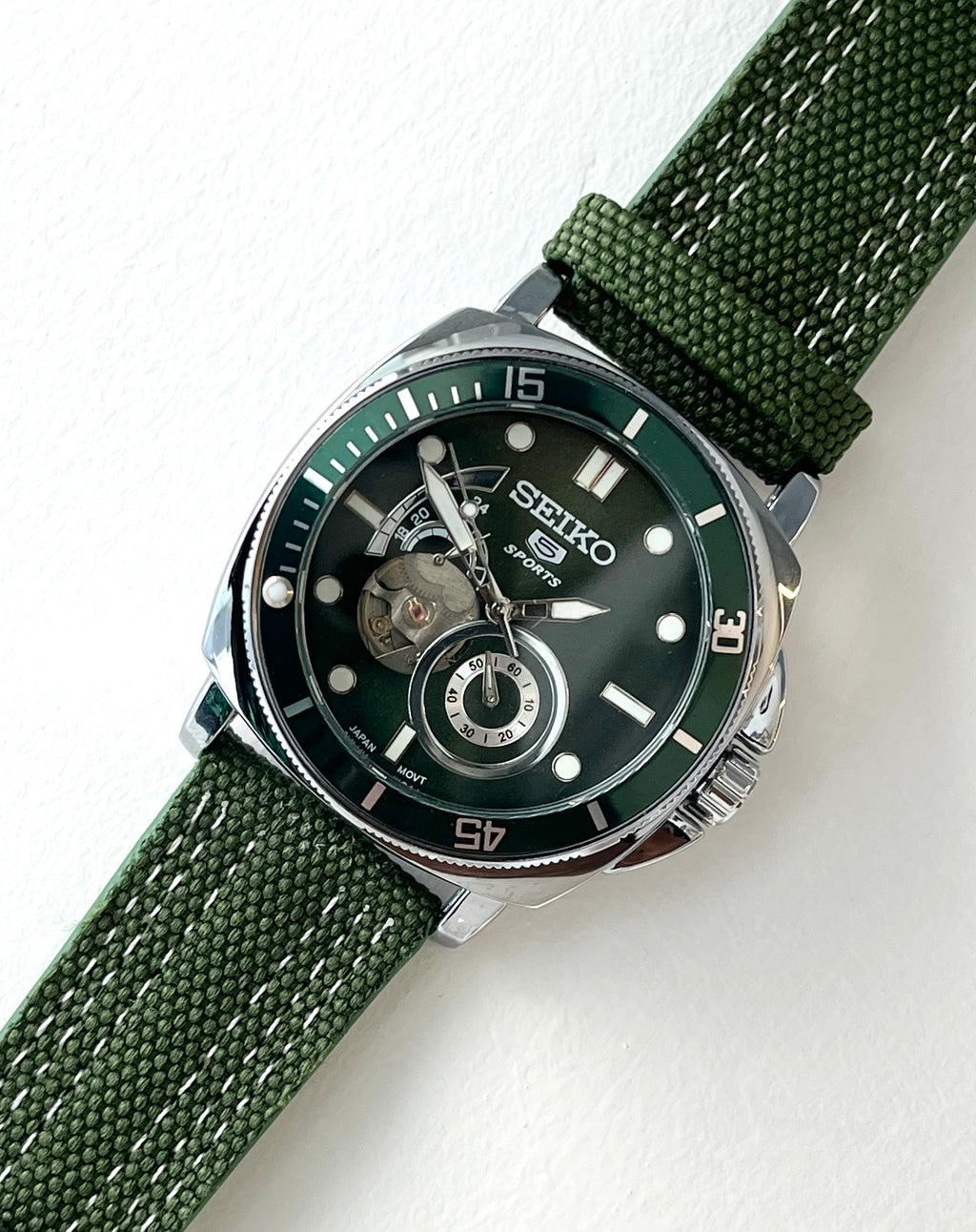 Seiko 5 sports Open Heart dial Green